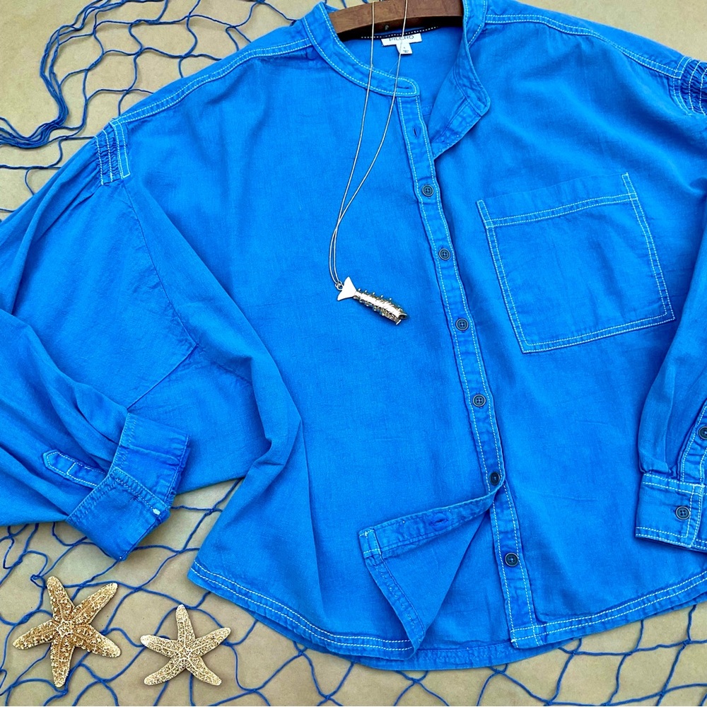Anthro ❉ Pilcro Cotton Linen Batwing Oversized Buttondown Blouse Blue Size L XL